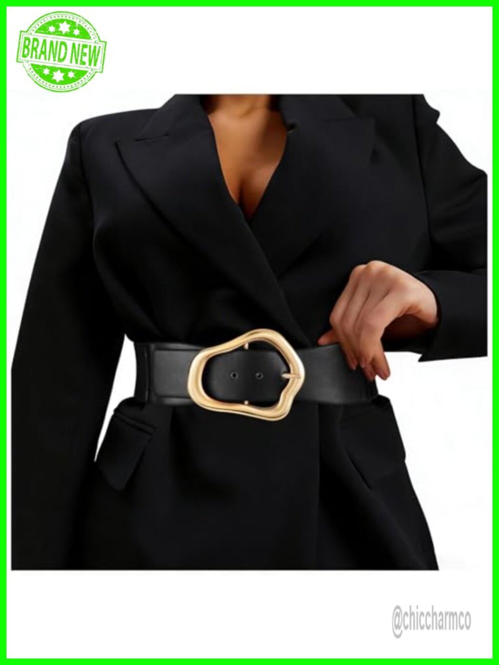 Women's Wide Elastic Waist Belt Stretchy Leather Waistband Big Gold Buckle